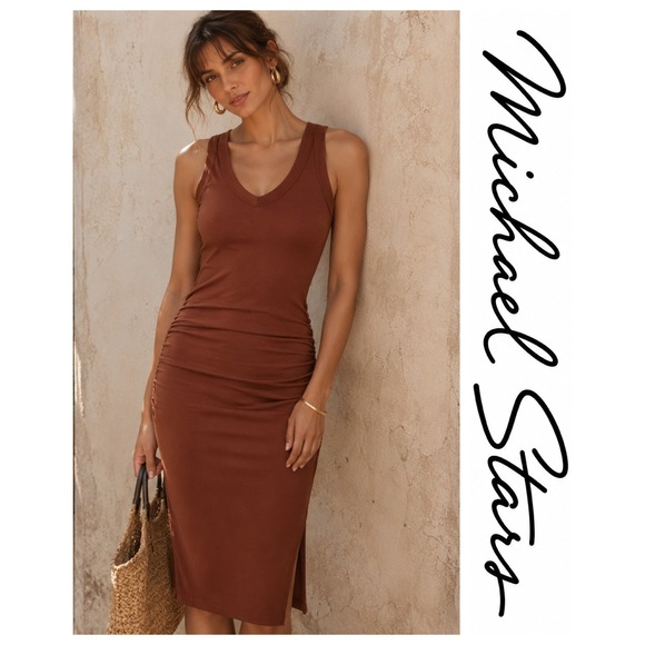 Michael Stars Dresses & Skirts - Michael Stars Lori Rust Brown Ribbed Ruched Stretch Bodycon Midi Dress Size M